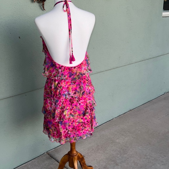 Saloni Halter Ruffles Tiered Silk Dress Barbiecore Size 6 - Picture 3 of 16